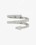 Mostly Fine Billie coil pinky ring with round moissanites graduating in size to a pear moissanite stone at the end in silver on a white background