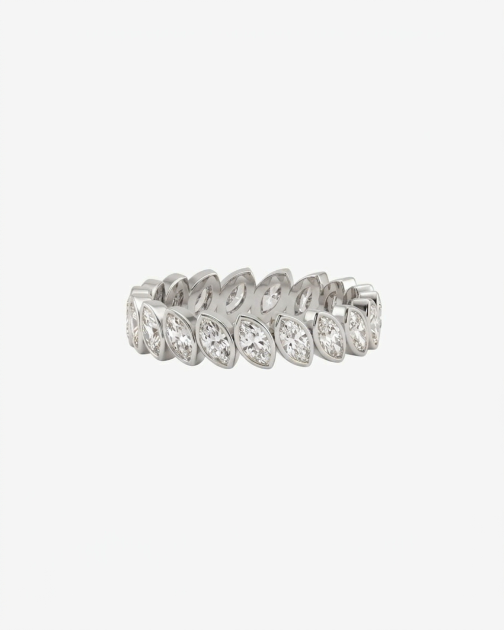 Mostly Fine Mara marquise moissanite eternity band ring in silver on white background