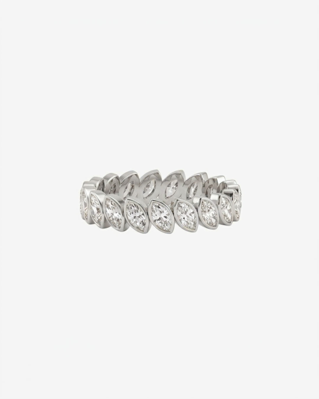 Mostly Fine Mara marquise moissanite eternity band ring in silver on white background