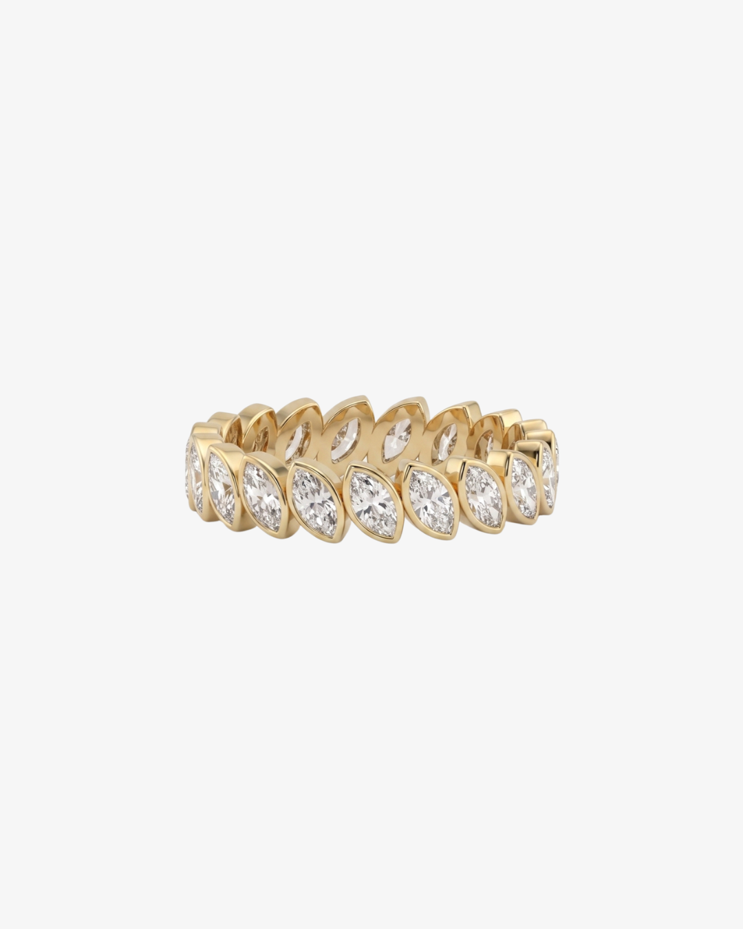 Mostly Fine Mara marquise moissanite eternity band ring in 18K gold vermeil on white background