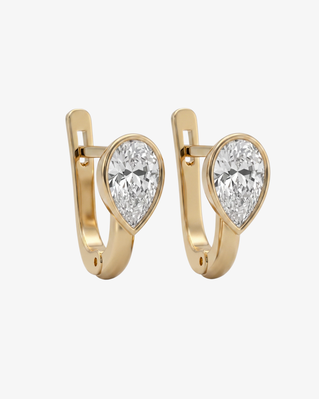Mostly Fine Pia upside down bezel pear cut moissanite huggies in 18K vermeil