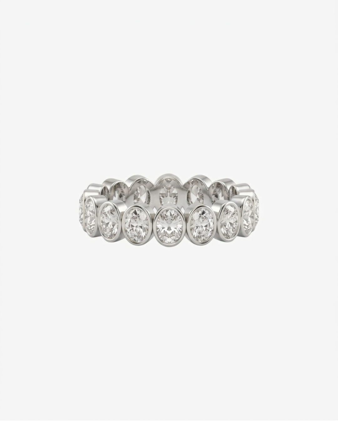 Mostly Fine Rome eternity ring band with oval moissanites in silver on a white background
