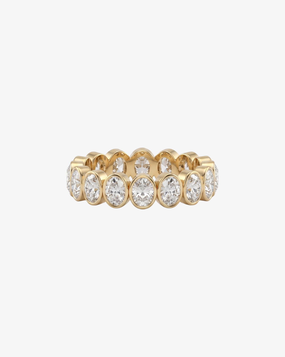 Mostly Fine Rome eternity ring band with oval moissanites in 18K gold vermeil on a white background