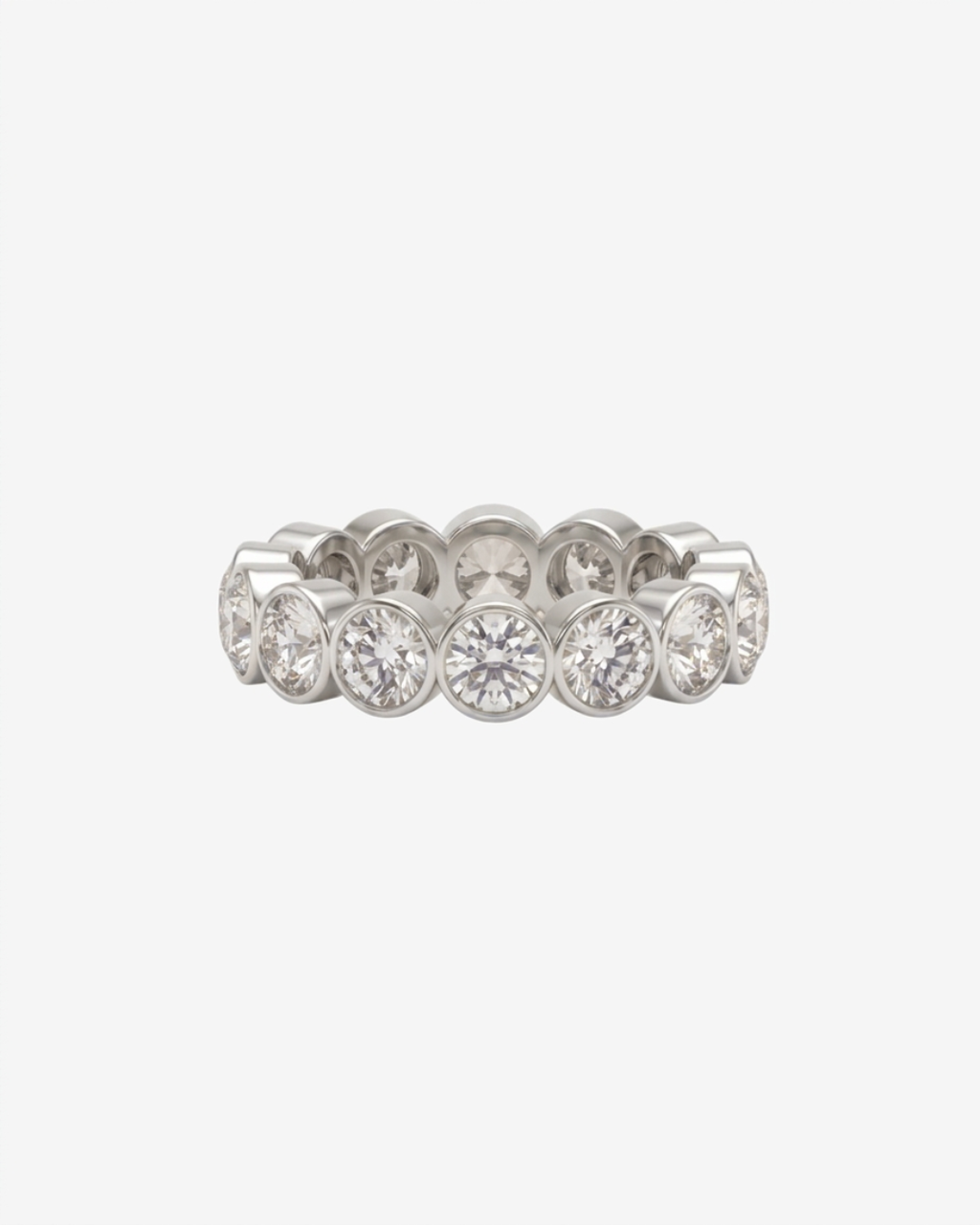 Mostly Fine Sable 4mm round moissanite eternity band ring in silver on white background