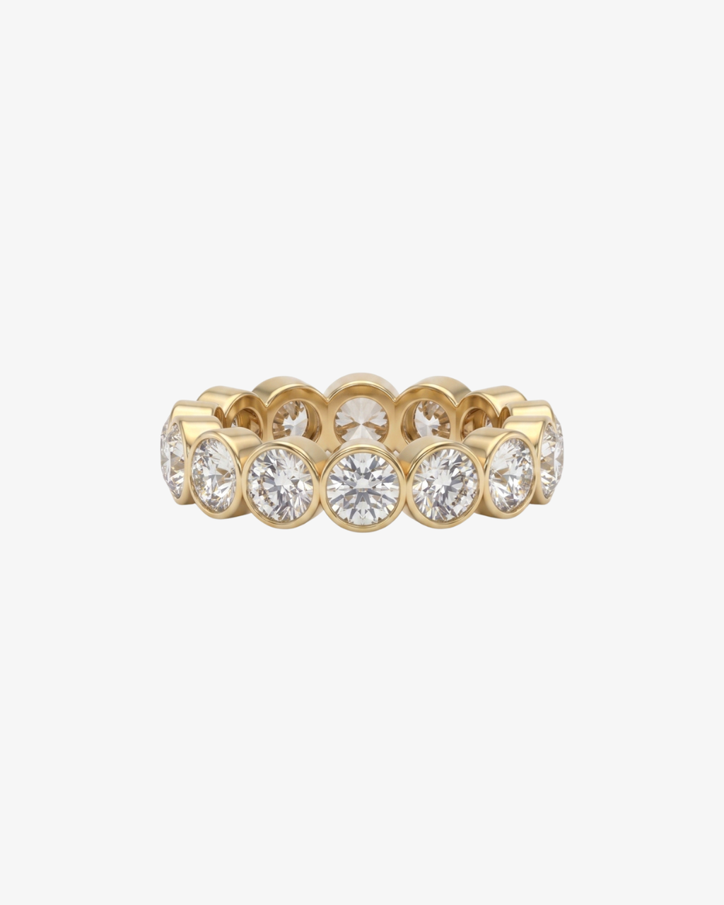 Mostly Fine Sable 4mm round moissanite eternity band ring in 18K gold vermeil on white background
