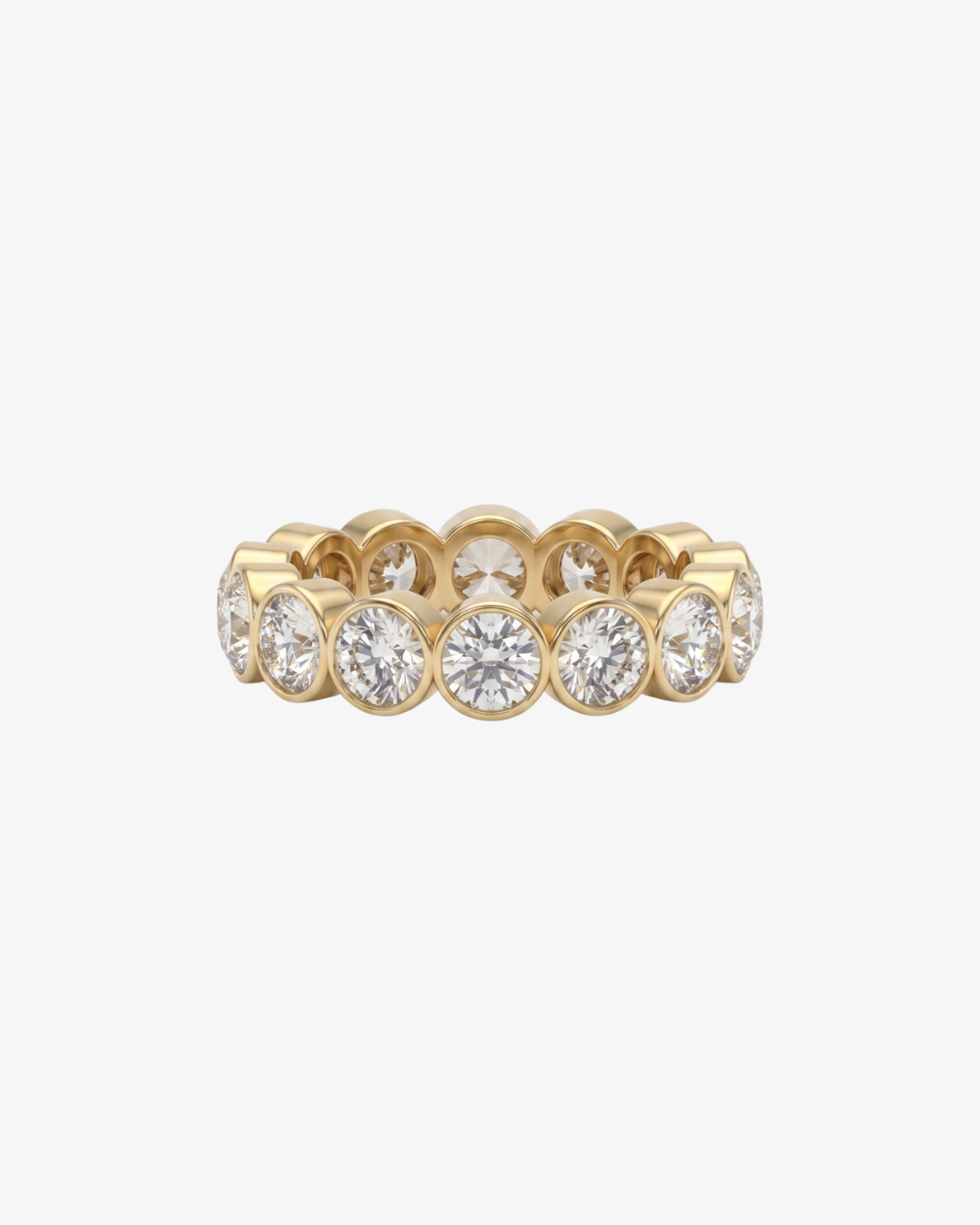 Mostly Fine Sable 4mm round moissanite eternity band ring in 18K gold vermeil on white background